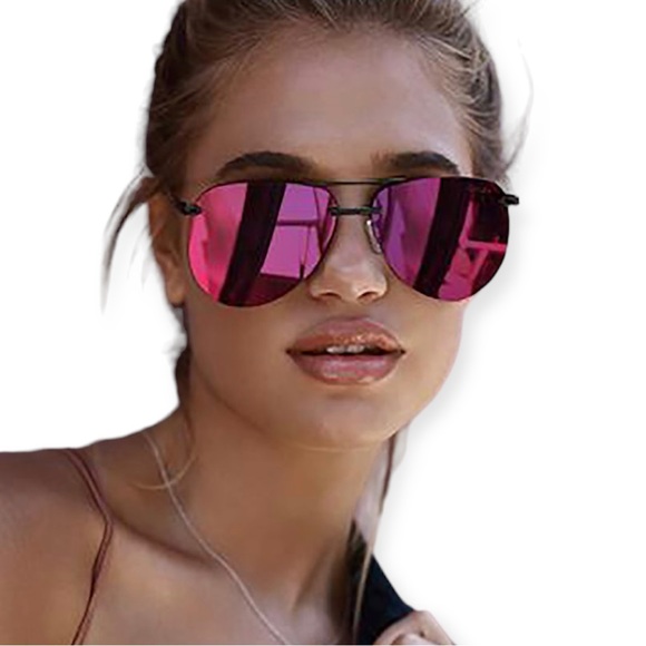 QUAY The Playa Sunglasses Polarized Black Frame Pink Mirror Lenses Aviator Style - Picture 3 of 15
